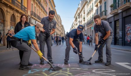 Städtische Mitarbeiter in Palma beim Entfernen von Graffiti.