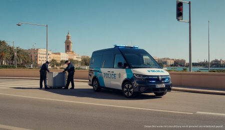 Elektrotransporter der Polizei in Palma vor städtischer Kulisse