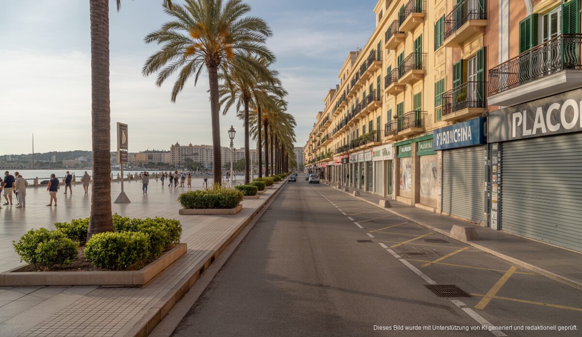 Der Paseo Marítimo in Palma de Mallorca zeigt leere Geschäfte aufgrund der Bauarbeiten.