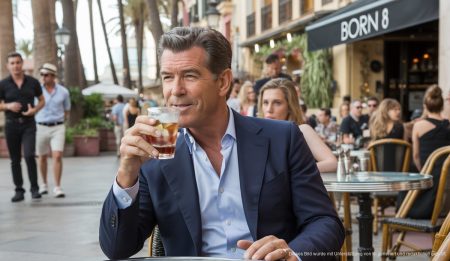 Pierce Brosnan genießt einen Cocktail auf der Terrasse des Restaurant Born 8 in Palma de Mallorca.