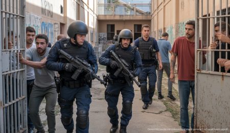 Polizeiaktion in Palmas alter Gefängnisanlage sorgt für Unruhe Polizisten betreten altes Gefängnis in Palma de Mallorca, Spannung und Verfall sichtbar