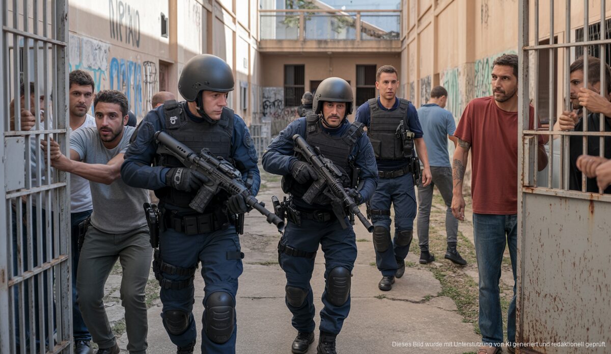 Polizisten betreten altes Gefängnis in Palma de Mallorca, Spannung und Verfall sichtbar