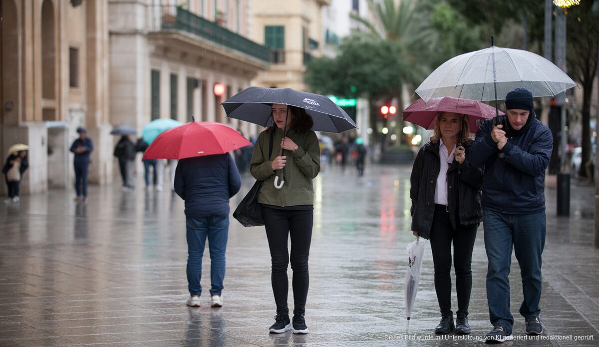 Regnerischer Tag in Palma de Mallorca mit Menschen und Reflexionen auf nassen Straßen.