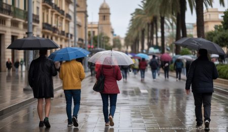 Regen auf Mallorca: Menschen mit Regenschirmen auf nassen Straßen