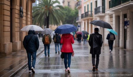 Regentag in Palma de Mallorca mit Regenschirmen und nassen Straßen