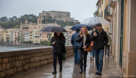 Regen in Mallorca mit milder Temperatur und sonnenschirmbewehrten Fußgängern
