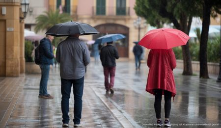 Regnerisches Wetter in Alcúdia mit Menschen unter Regenschirmen