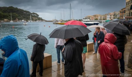 Eine regnerische Szene im Hafen von Port d'Andratx mit grauem Himmel und bunten Booten.