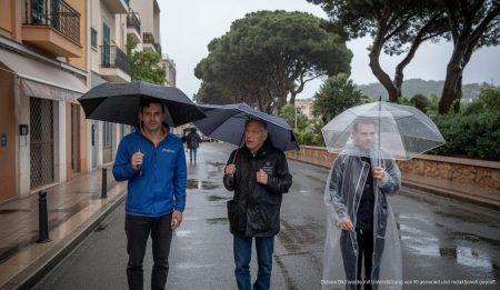 Regen und windiger Tag auf Mallorca mit Menschen und Regenschirmen