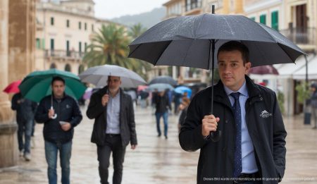 Mäßiger Regen auf Mallorca, Menschen mit Regenschirmen