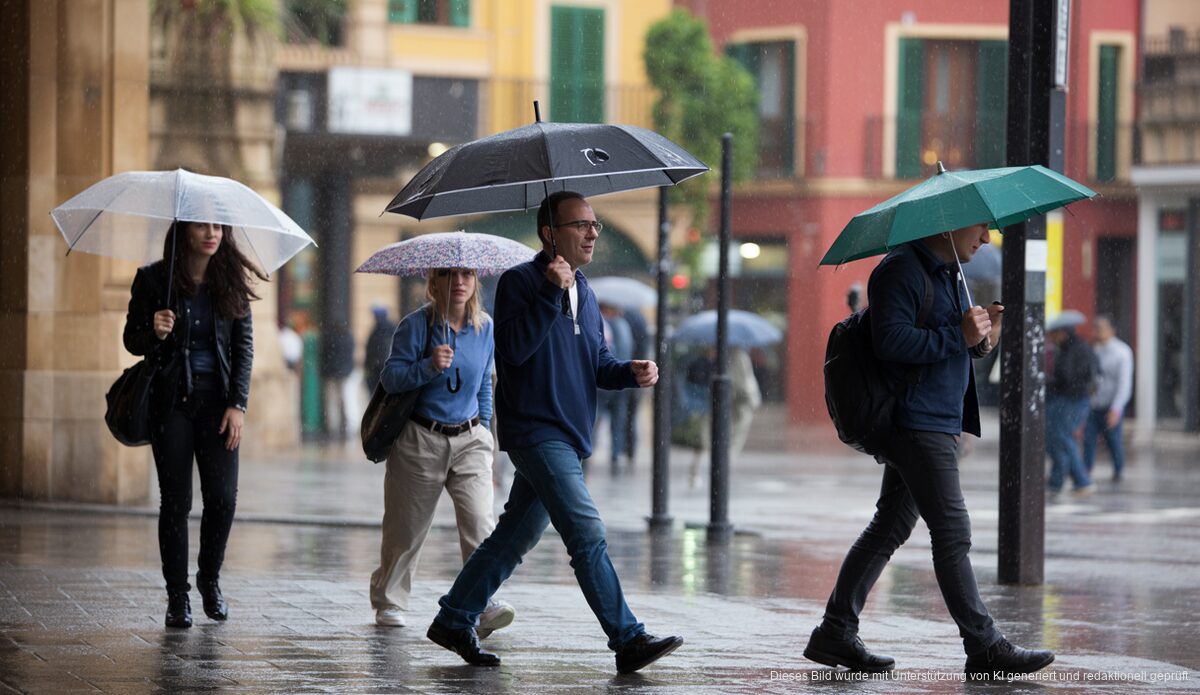 Regennasses Stadtbild in Palma de Mallorca, Menschen mit Regenschirmen