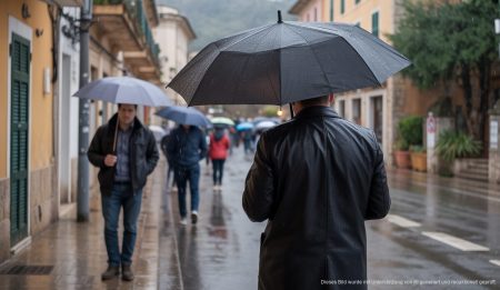 Regnischer Wintertag in Sóller, Mallorca mit Menschen und Regenschirmen