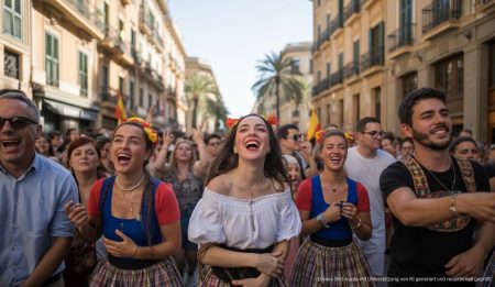 Lebendige Szene des Sant Sebastià Festes in Palma de Mallorca mit traditionell gekleideten Menschen in einem festlichen Ambiente