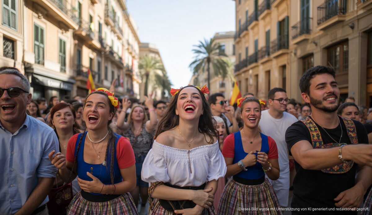 Lebendige Szene des Sant Sebastià Festes in Palma de Mallorca mit traditionell gekleideten Menschen in einem festlichen Ambiente