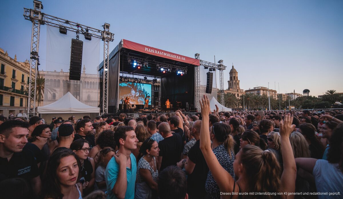 Blick auf die Bühne der Revetla de Sant Sebastià in Palma mit feiernder Menge davor.