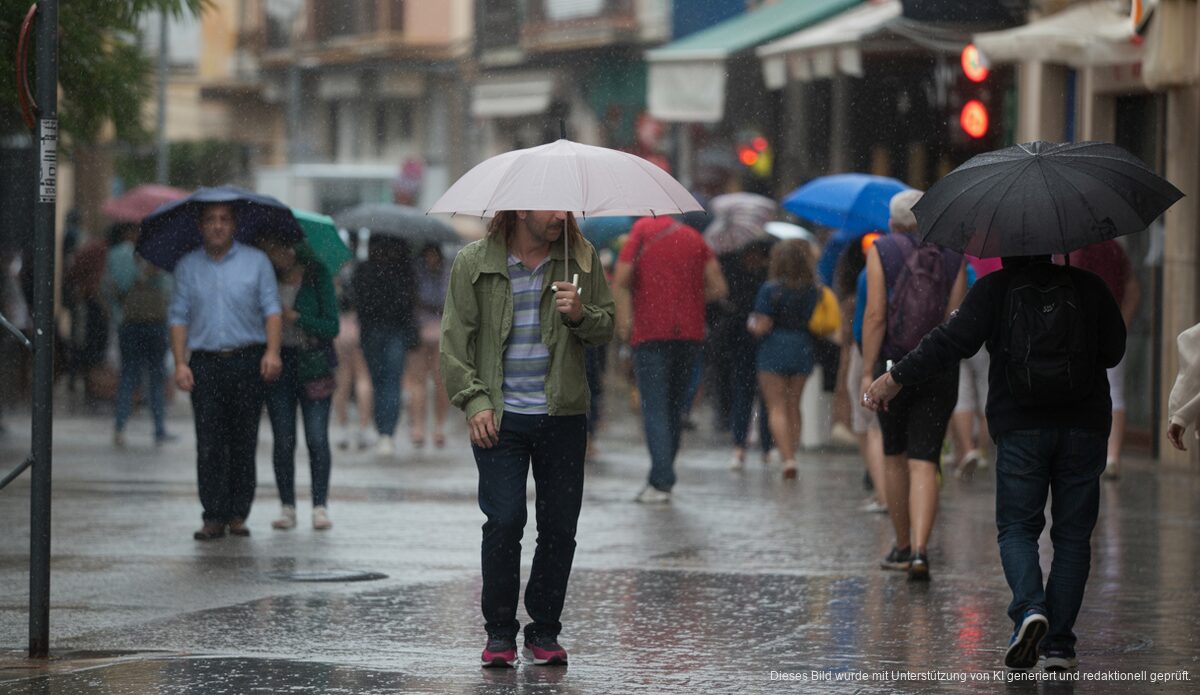 Santa Ponsa an einem regnerischen Tag mit Menschen und Regenschirmen