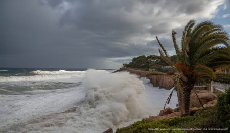 Sturm Harry auf Mallorca mit hohen Wellen und dunklen Wolken