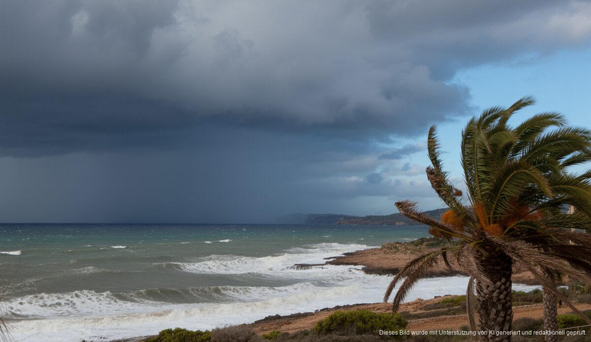 Sturmwarnung für Mallorca zum Jahreswechsel erwartet Dunkle Wolken über der Küste von Mallorca mit stürmischer See.