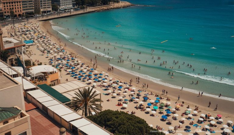Mallorcas Tourismus 2026: Briten und Deutsche im Fokus Voller Strand in Palma de Mallorca unter blauem Himmel