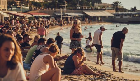 Touristenstrand auf Mallorca mit regen Aktivitäten während der Nebensaison