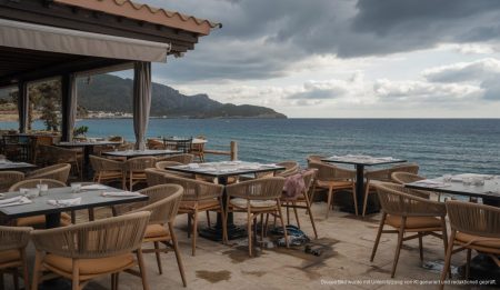 Sturmschäden am Tiki Beach auf Mallorca mit umgekippten Möbeln
