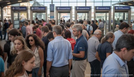 Menschen erhalten die Targeta Única im Intermodal-Bahnhof von Palma