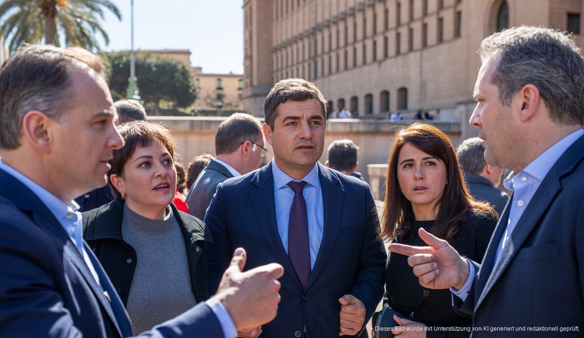 Außenansicht des Parlaments der Balearischen Inseln mit Passanten und Politikern unter freiem Himmel