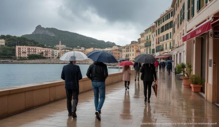 Port d'Andratx an einem regnerischen Januarmorgen mit dunklen Wolken und Passanten mit Regenschirmen.
