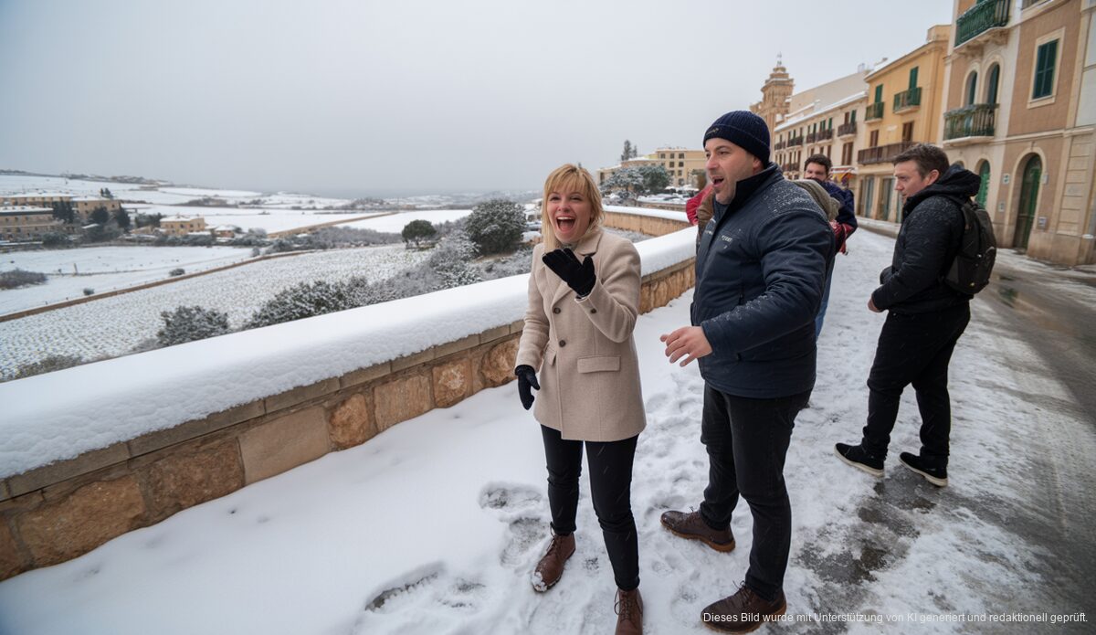 Schnee auf Mallorca: Menschen in Winterkleidung in Palma