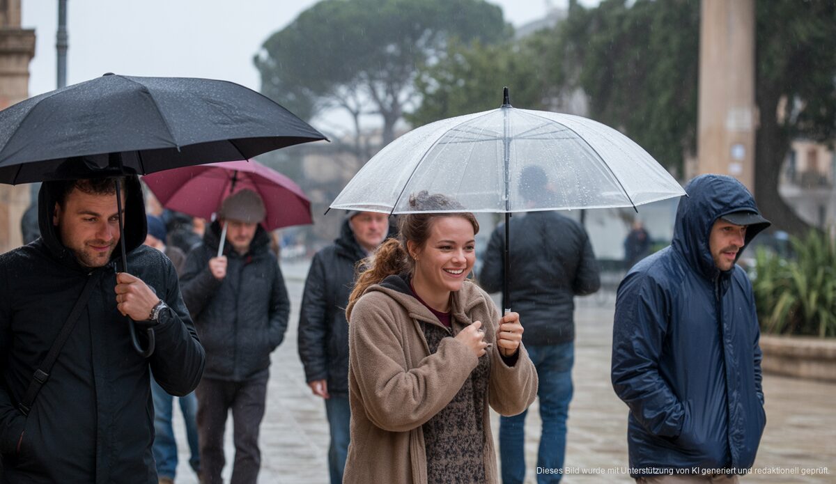 Personen mit Regenschirmen bei winterlichem Wetter auf Mallorca