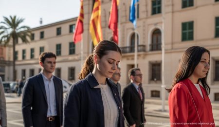 Menschengruppe trauert mit auf Halbmast gesetzten Flaggen in Palma de Mallorca