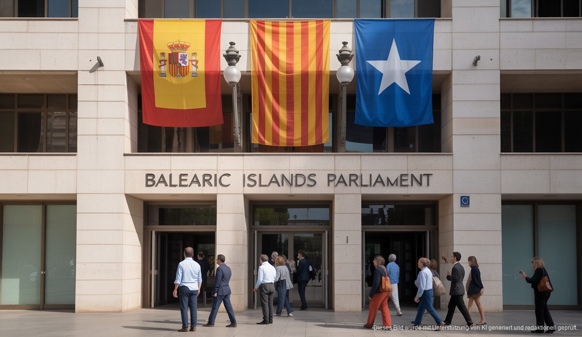 Balearen-Parlament mit spanischen und katalanischen Flaggen