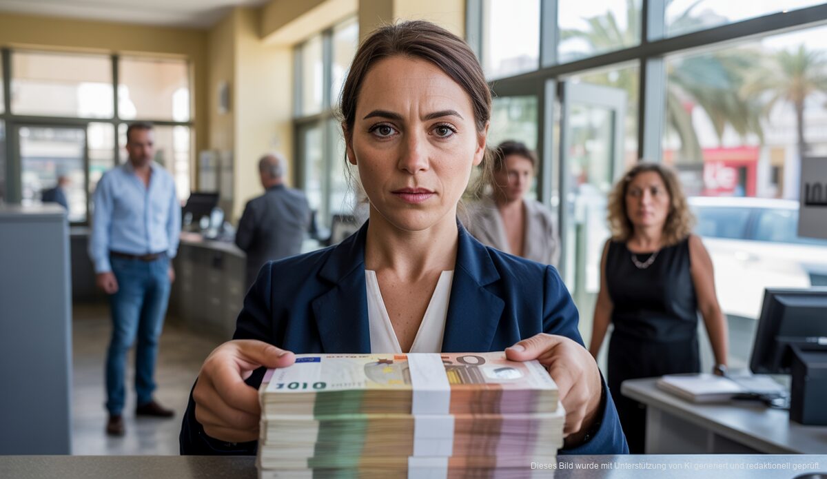 Bankangestellte auf Mallorca mit gestohlenen Euro-Banknoten hinter einem Banktresen.
