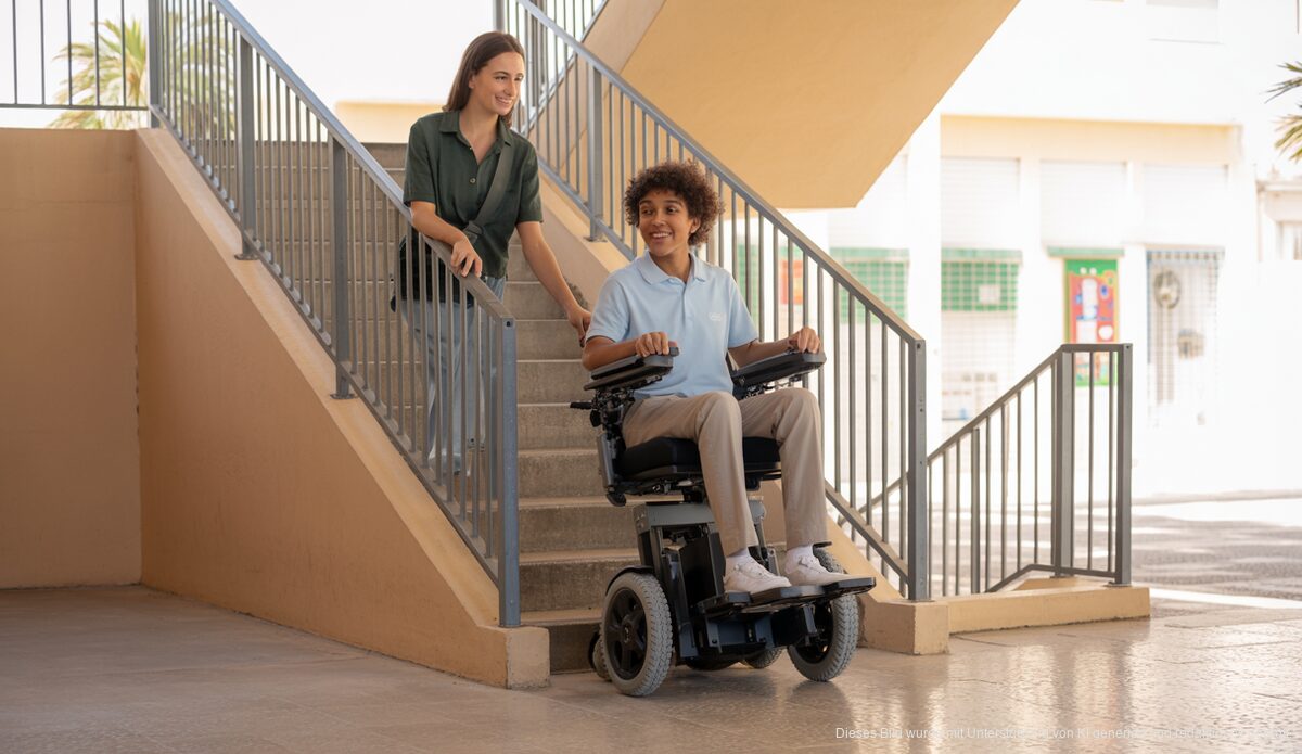 Modernes Hilfe-System für Schüler mit begrenzter Mobilität Ein Schüler nutzt einen elektrischen Treppensteiger in einer Schule auf Mallorca, um Barrierefreiheit zu gewährleisten.