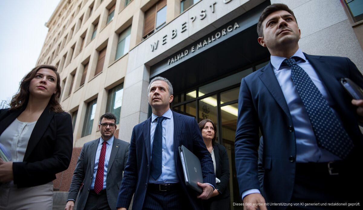 Ermittler vor einem Bürogebäude in Palma de Mallorca bei einer Untersuchung.