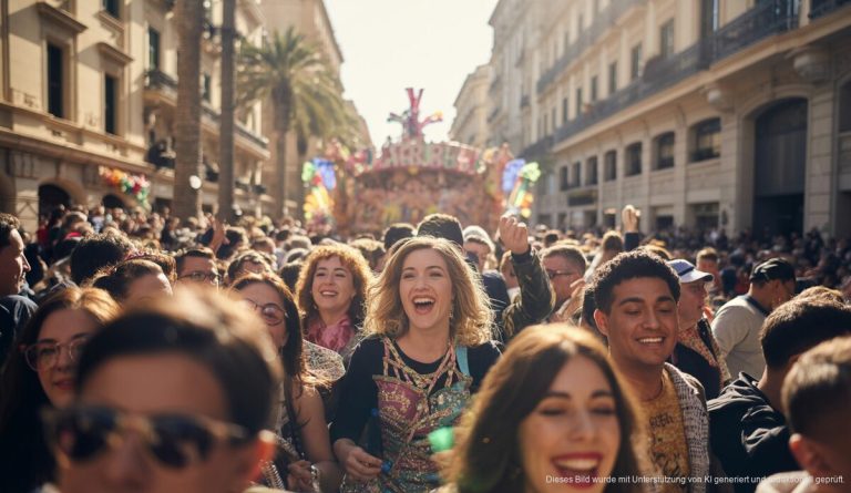 Rua de Palma 2026: Farbenfrohes Festival begeistert Mallorca Karnevalsumzug in Palma de Mallorca mit bunten Wagen und zuschauenden Menschen.