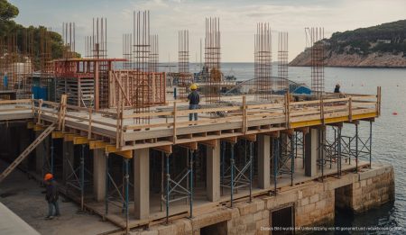 Cala Rajada modernisiert: Neues Restaurant für den Hafen geplant Bauarbeiten am Hafen von Cala Rajada mit Arbeitern und Meerblick