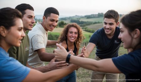 Gruppe junger Menschen beim Austauschprojekt in Italien, idyllische Landschaft