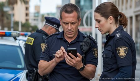 Cyberkriminalität in Palma: Anklage gegen Betrügerin Polizeibeamte in Palma analysieren ein Smartphone im Rahmen einer Cyberkriminalitätsermittlung.