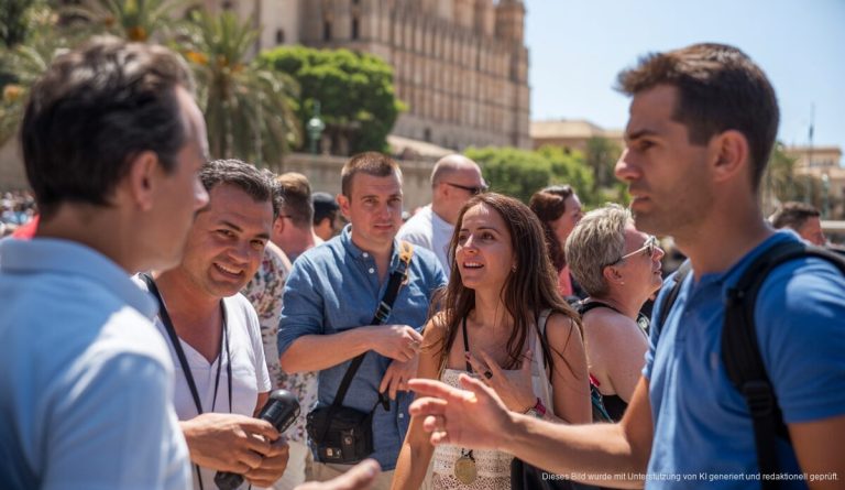 Lebendige Sommertourismus-Szene in Palma de Mallorca vor historischer Kulisse.