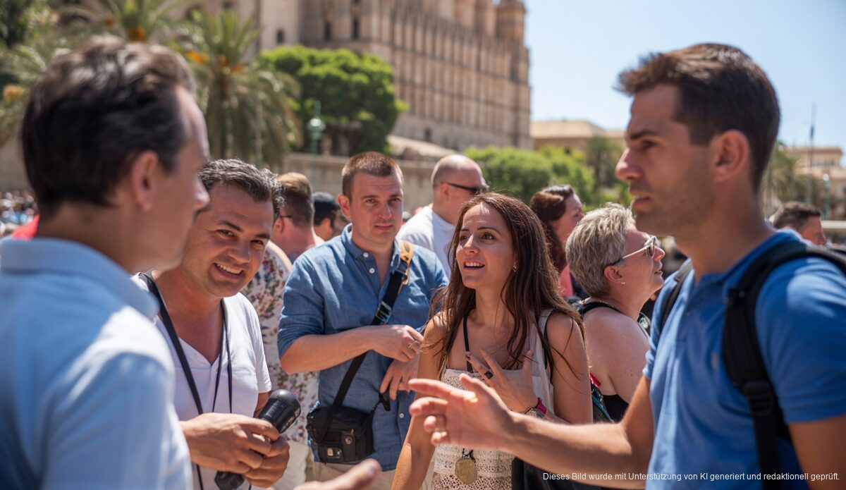 Lebendige Sommertourismus-Szene in Palma de Mallorca vor historischer Kulisse.