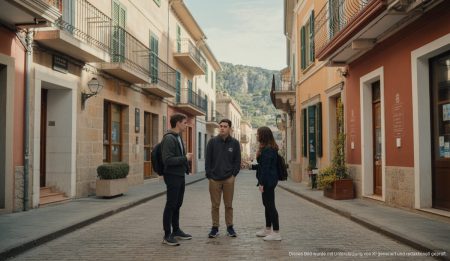 Plan für soziales Wohnen und Parkplätze in Estellencs vor Hürden Historisches Zentrum von Estellencs mit Baustellen und Einwohnern diskutierend über neuen Plan.