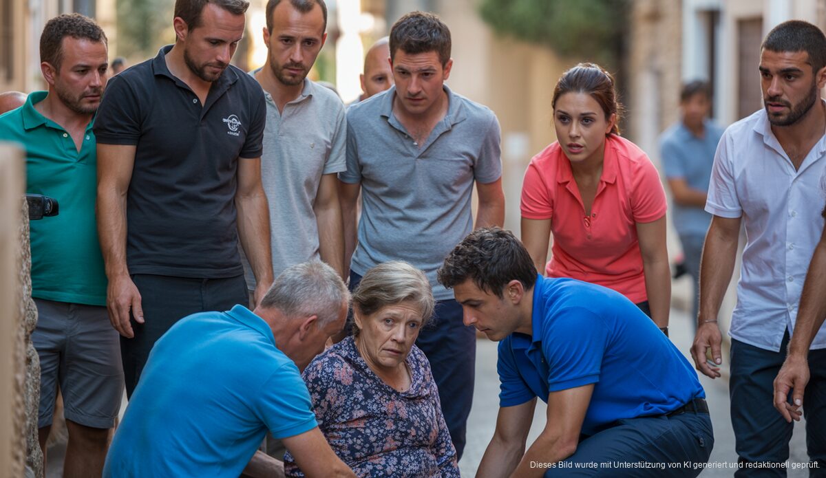 Szene in Maria de la Salut, Mallorca, mit Helfern und besorgten Umstehenden.