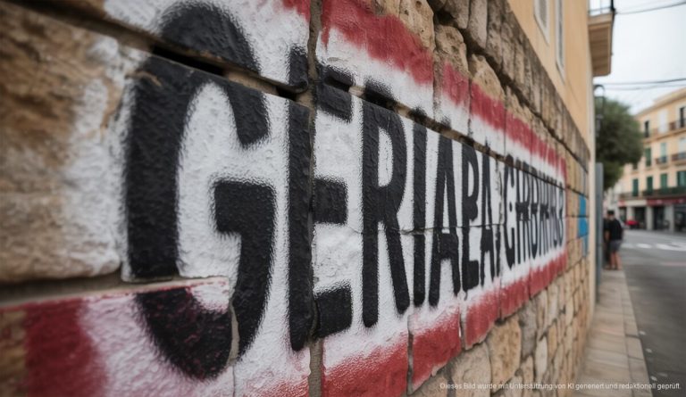 Santanyí: Zeichen von Vandalismus gegen deutsche Gemeinschaft auf Mallorca Graffiti auf einer Steinwand in Santanyí, Mallorca, das sich gegen die deutsche Gemeinschaft richtet