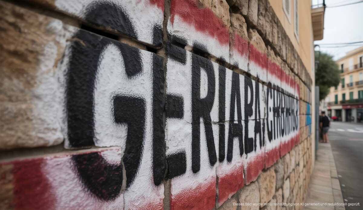Santanyí: Zeichen von Vandalismus gegen deutsche Gemeinschaft auf Mallorca Graffiti auf einer Steinwand in Santanyí, Mallorca, das sich gegen die deutsche Gemeinschaft richtet