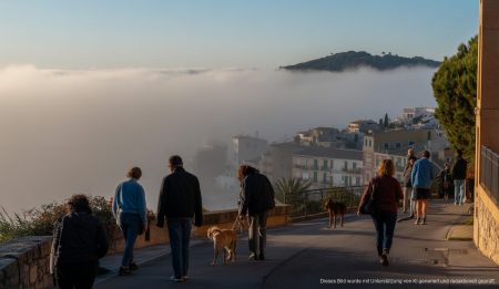 Frühlingshaftes Wetter auf Mallorca mit Nebelwarnung am Dienstag Dichter Nebel über einer Küstenstadt auf Mallorca bei Sonnenaufgang