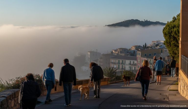 Frühlingshaftes Wetter auf Mallorca mit Nebelwarnung am Dienstag Dichter Nebel über einer Küstenstadt auf Mallorca bei Sonnenaufgang