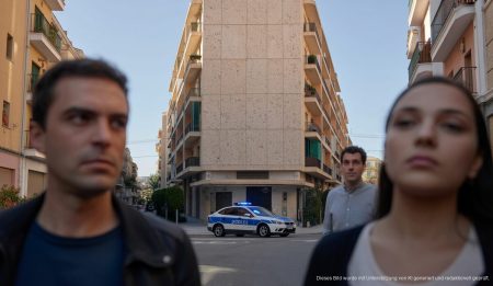 Außenansicht eines Wohngebäudes mit Polizeiauto vor Ort in Manacor, Mallorca.
