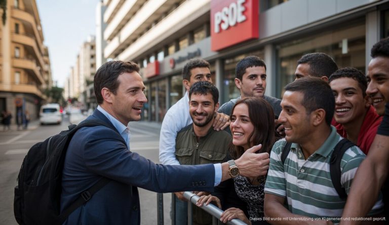 Iago Negueruela: Engagement für Palma und politische Ambitionen Iago Negueruela vor dem PSOE-Gebäude in Palma, umgeben von Migranten