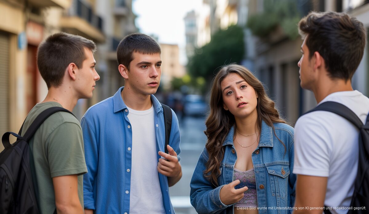 Junge Menschen diskutieren auf einer Straße in Palma de Mallorca über Wohnungsnot und psychische Gesundheit